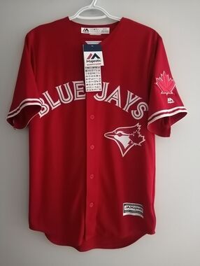 New MLB Majestic Toronto Blue Jays Cool Base Red Canada Day Jersey Men's Small
